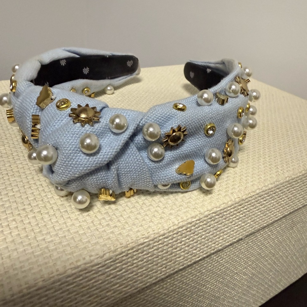 Rare Lele Embellished Blue Headband with Pearls and Gold Accents- suns and cloud